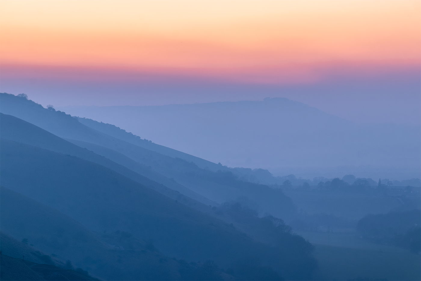 Photographic print of the misty South Downs at blue hour