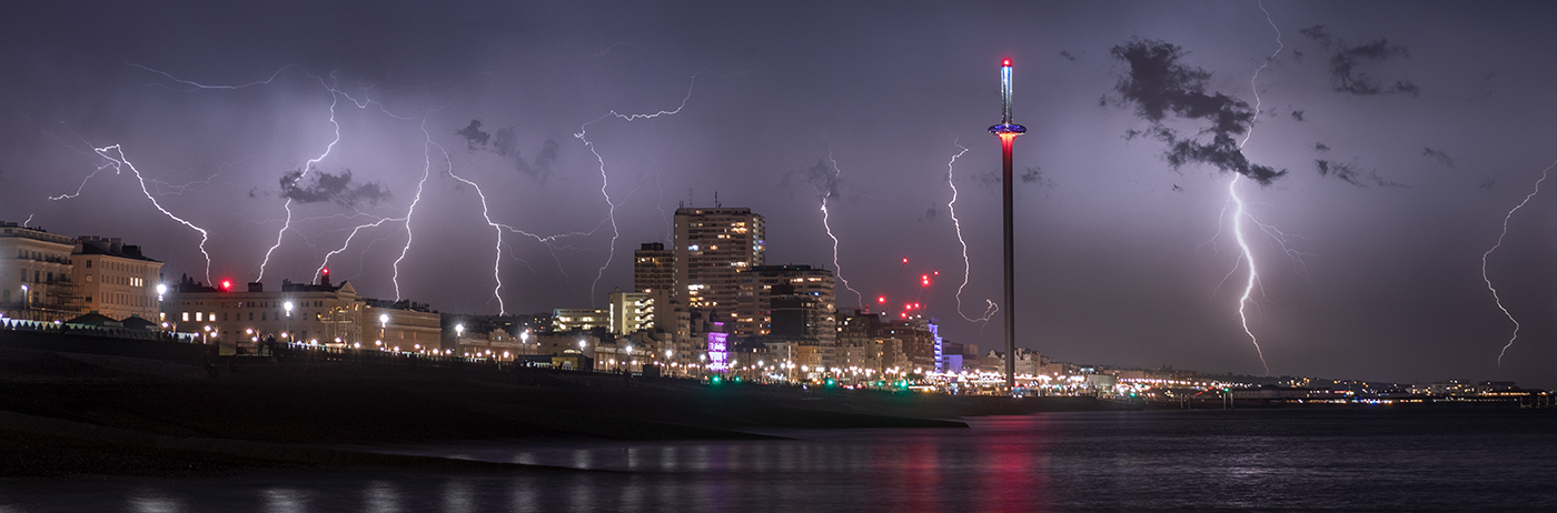 Stacked photograph featuring multiple lightning strikes from a severe storm system over the city of Brighton on the south coast of the UK. From my gallery of Lightning Photography.