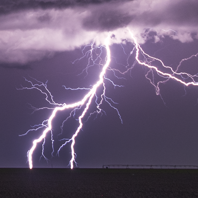 Closeup of forked lightning containing and its many colourful branches near Guymon, OK