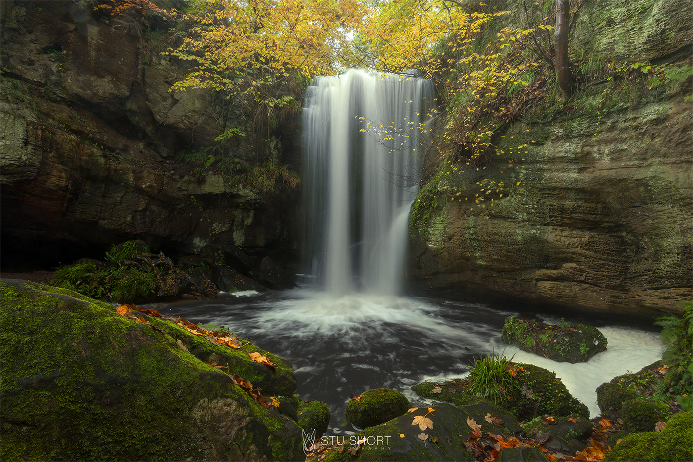 A stunning waterfall tumbles over a rocky outcrop, surrounded by golden autumnal trees, illustrating a dramatic outdoor landscape