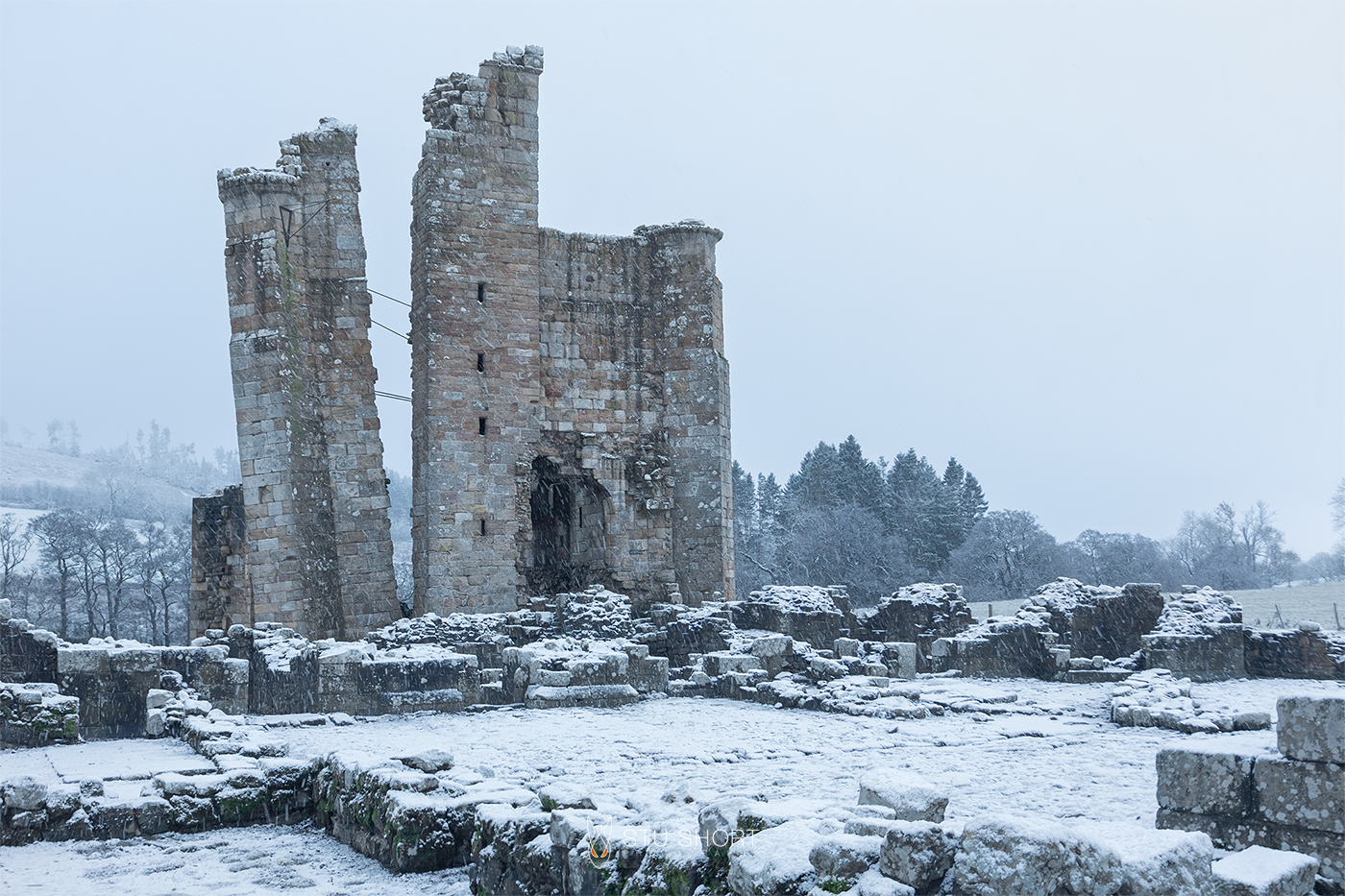 Snow falls around the majestic ruin of Edlingham Castle blanketed in snow, showcasing its grandeur against a wintery backdrop.