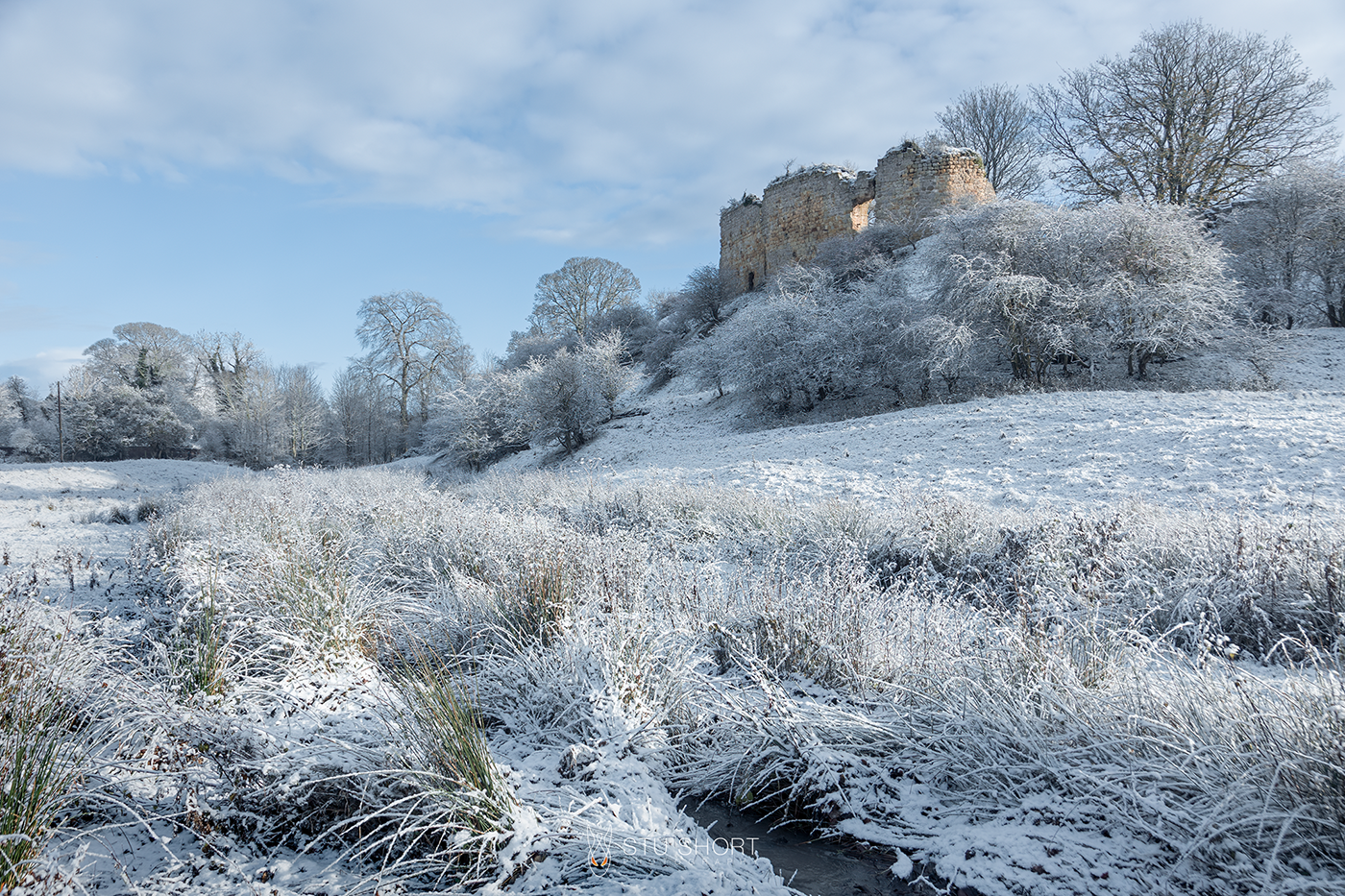 A majestic ruined castle perched on a snowy hill, surrounded by a serene winter landscape, glistening under a clear blue sky.