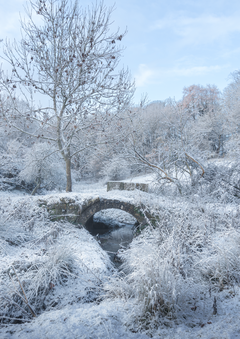 Snow-covered stone bridge in a winter landscape.